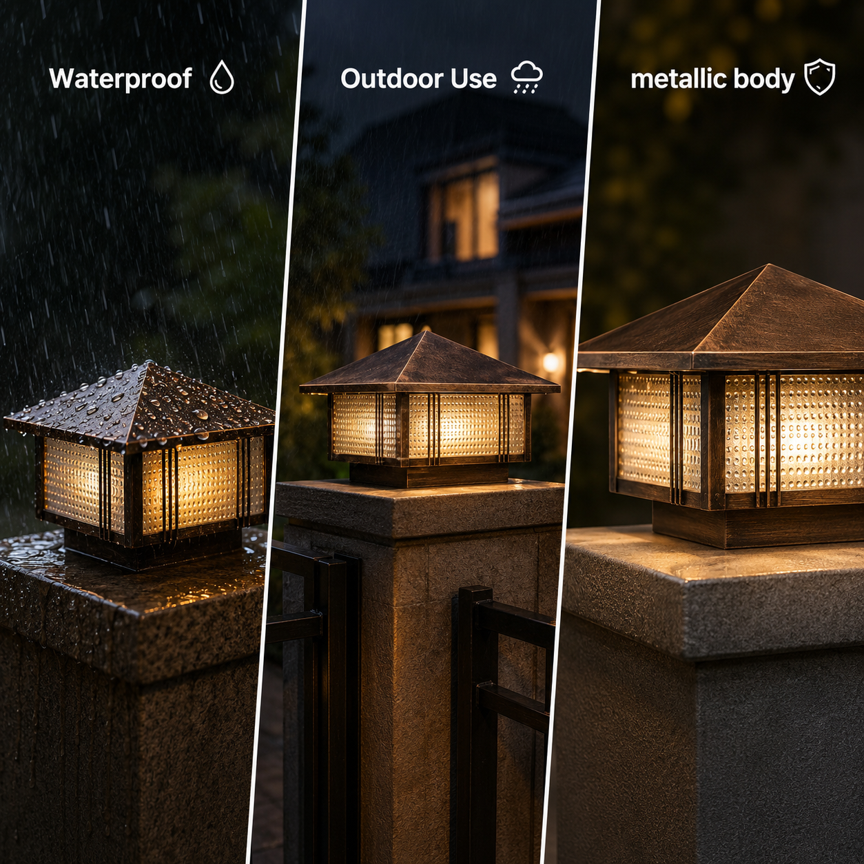 Outdoor lighting fixture with waterproof, outdoor use, and metallic body features.