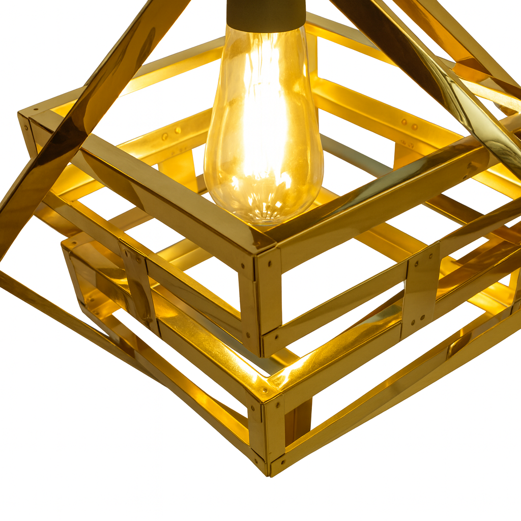 Modern metal chandelier with geometric pattern and warm glow