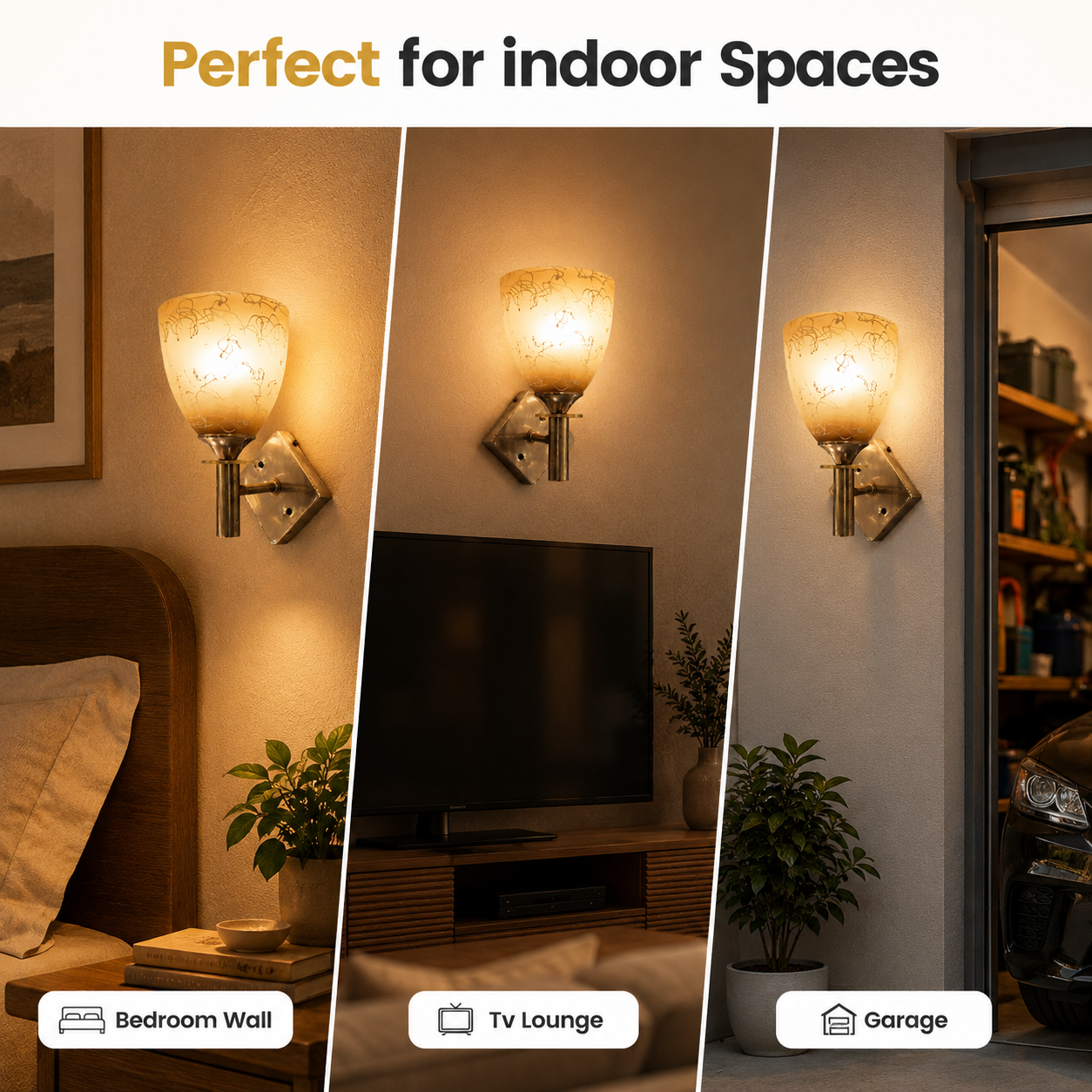 Wall-mounted light fixture shown in various indoor settings including bedroom, TV lounge, and garage.