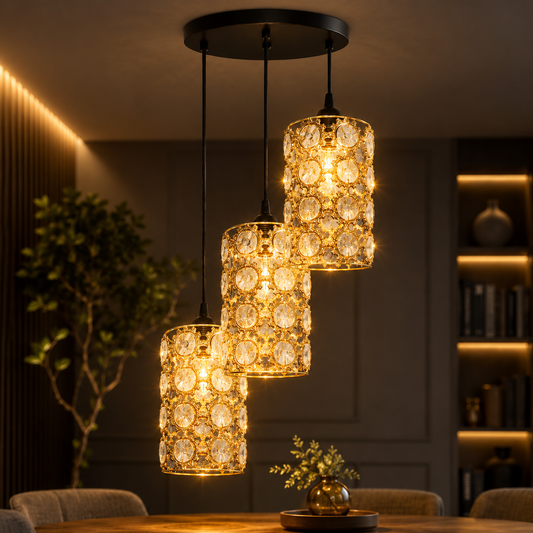 Decorative pendant lights hanging above a table in a cozy room.