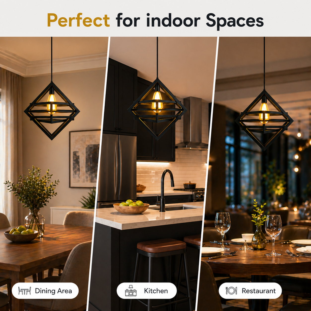 Modern black pendant light hanging in a room with warm lighting