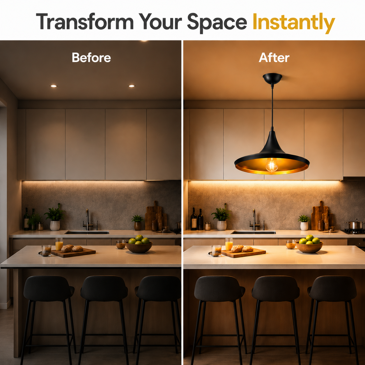 "Pendant light casting warm glow in contemporary kitchen"