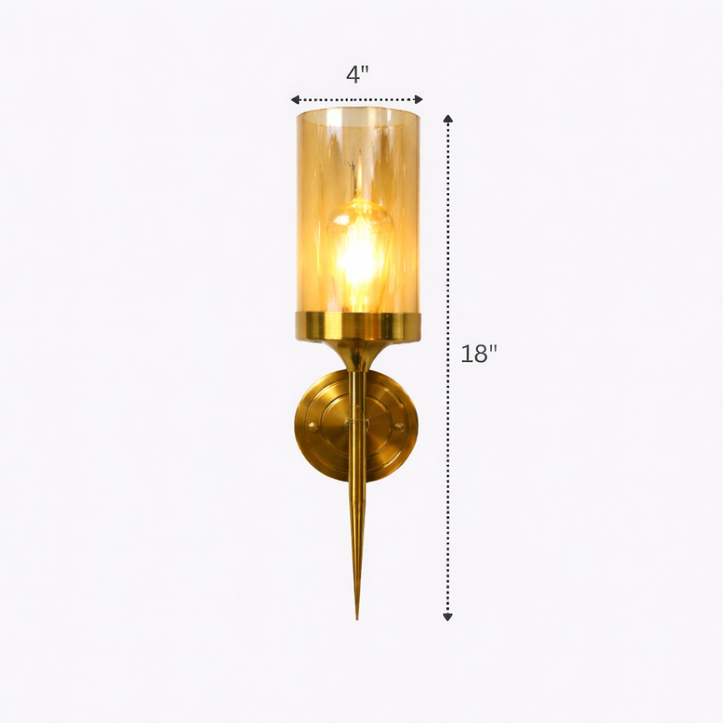        Gold wall sconce with dimensions indicated on a white background