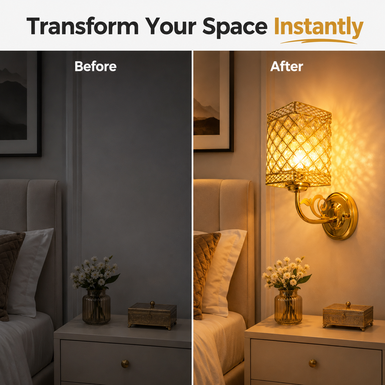 Before and after comparison of a bedroom with added wall sconce lighting.