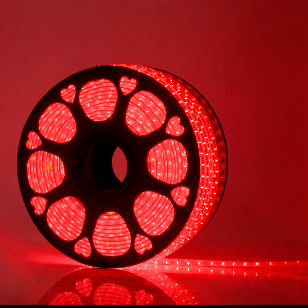 Roll of red LED strip light against a red background