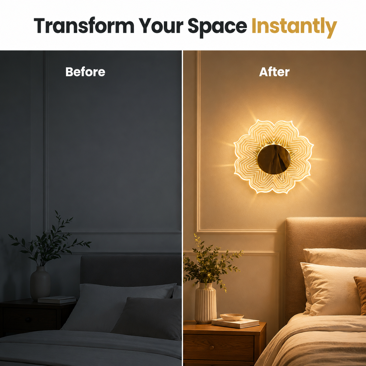 Before and after comparison of a bedroom with a wall light fixture.