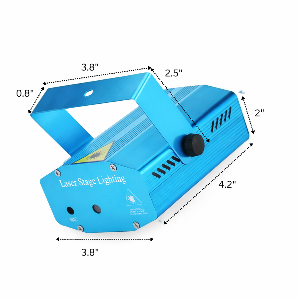 Blue laser stage lighting device with dimensions on a white background