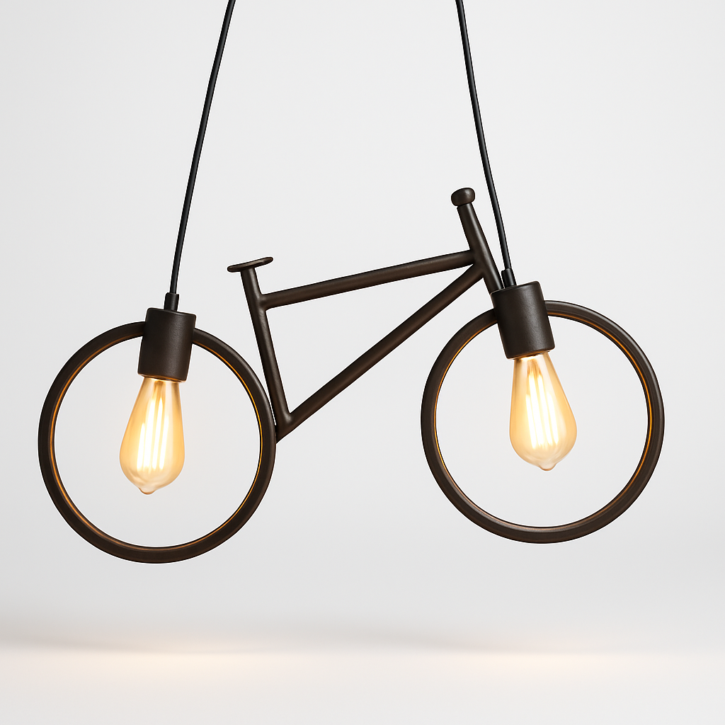 Bicycle-shaped pendant light with two lit bulbs on a plain background