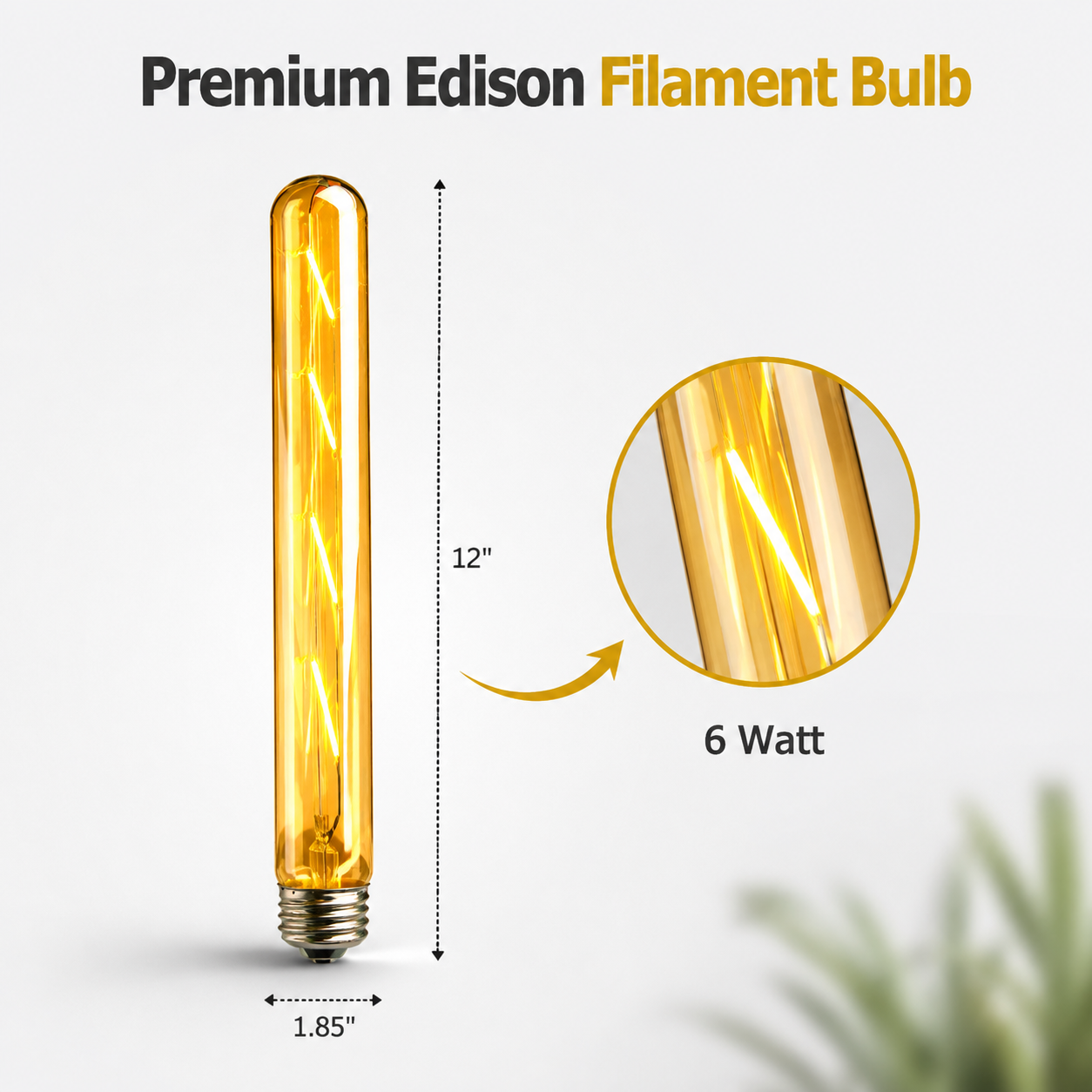 Premium Edison Filament Bulb with dimensions and wattage on a white background