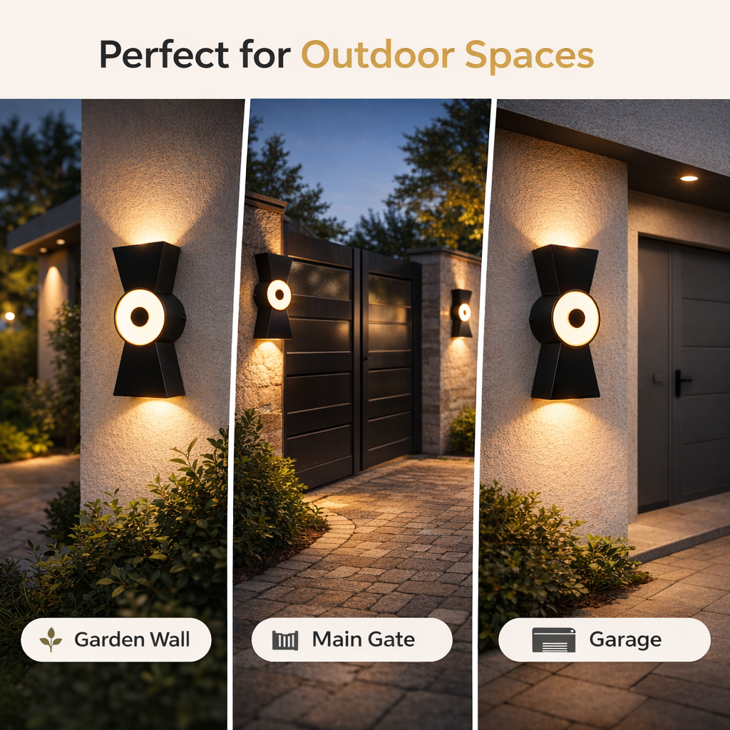 Outdoor wall lights shown in garden, main gate, and garage settings with text 'Perfect for Outdoor Spaces'.