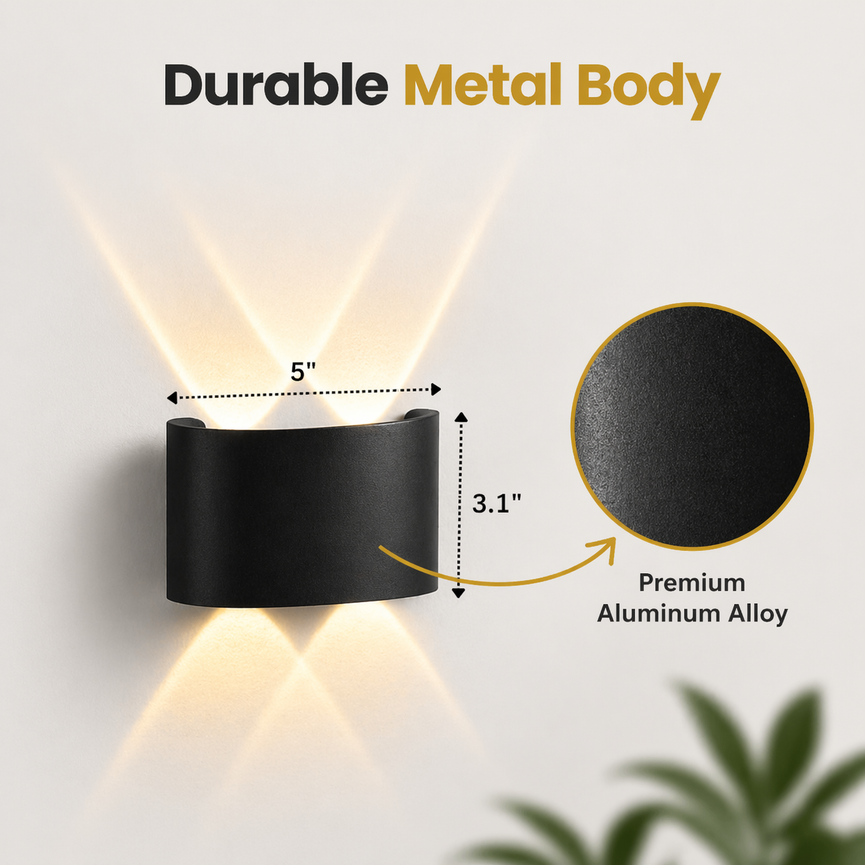 Black wall light fixture with durable metal body text and measurements on a white background