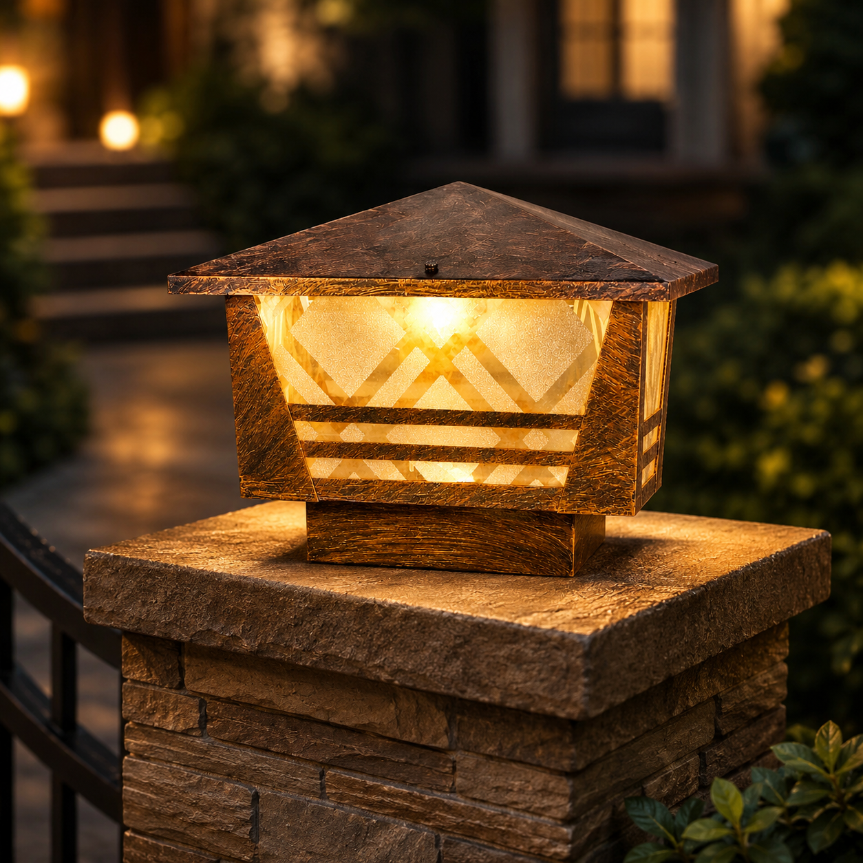 Decorative outdoor light fixture on a stone post with a warm glow.