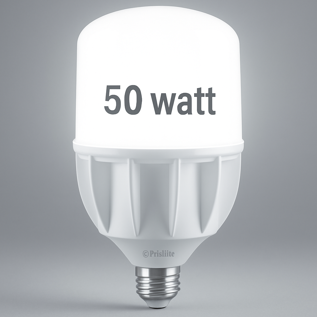 LED light bulb labeled '50 watt' with Prismlite branding on a gray background