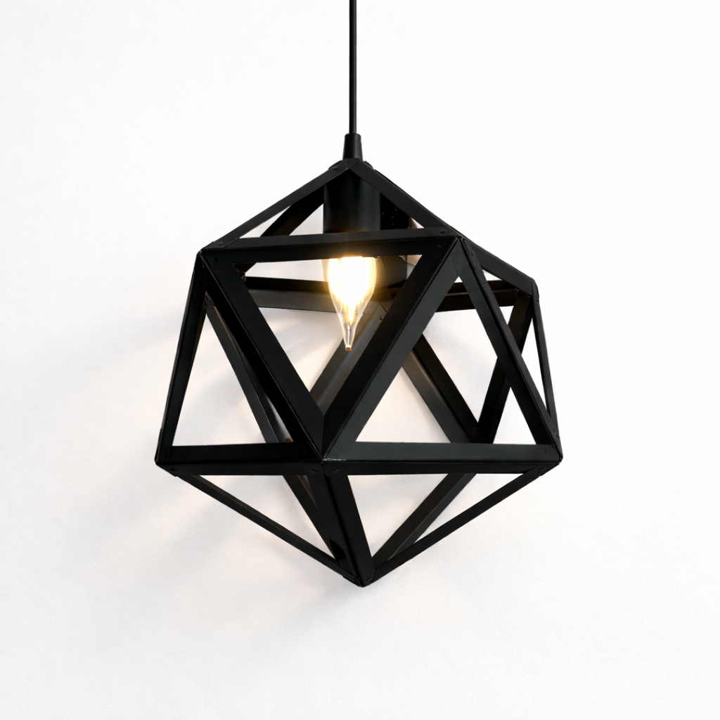 Geometric black pendant light on a white background