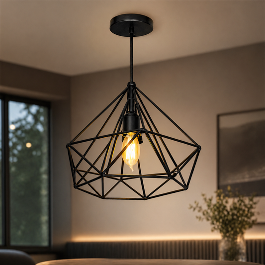 Geometric black pendant light hanging in a room with a blurred background