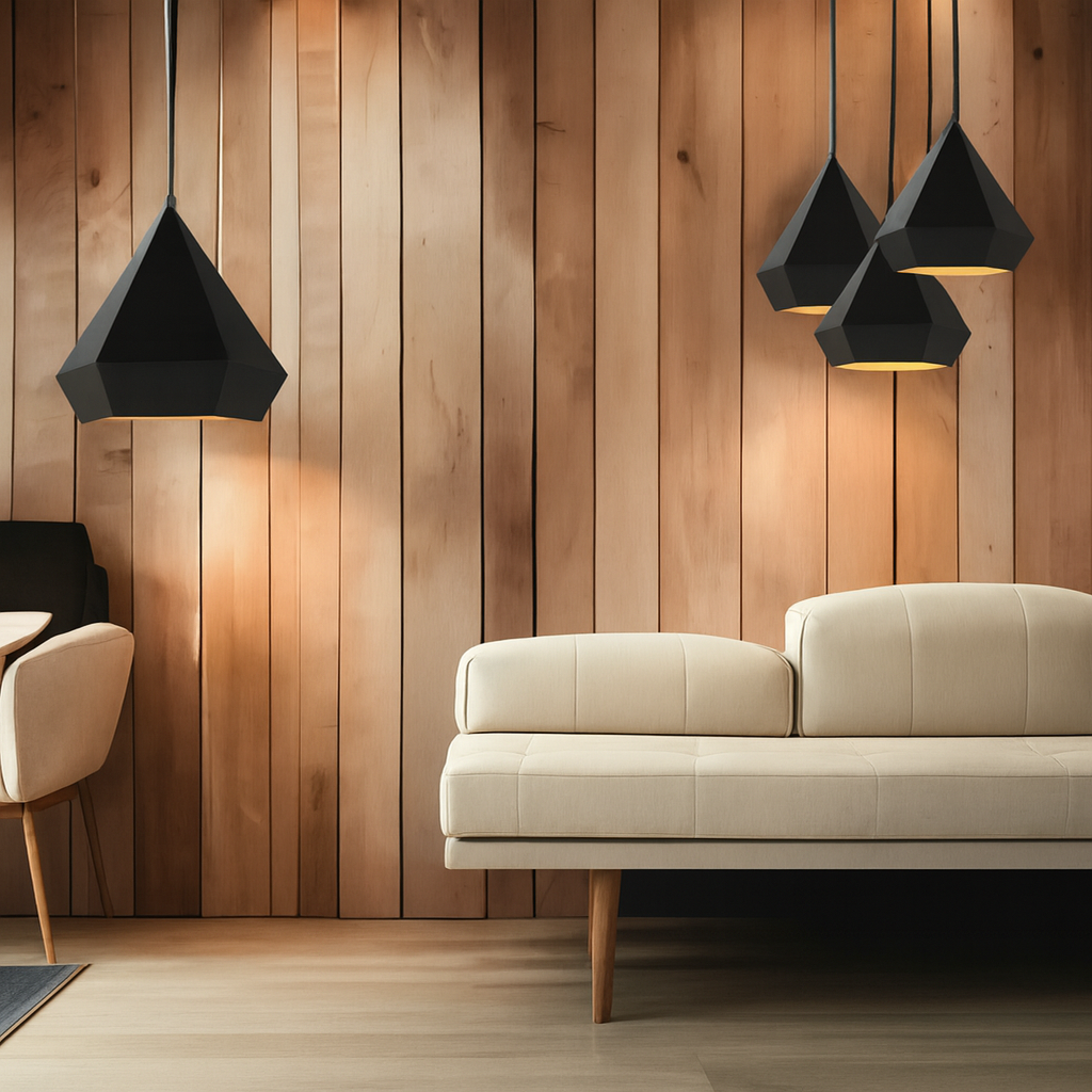 Modern living room with a beige sofa, wooden wall, and black pendant lights.