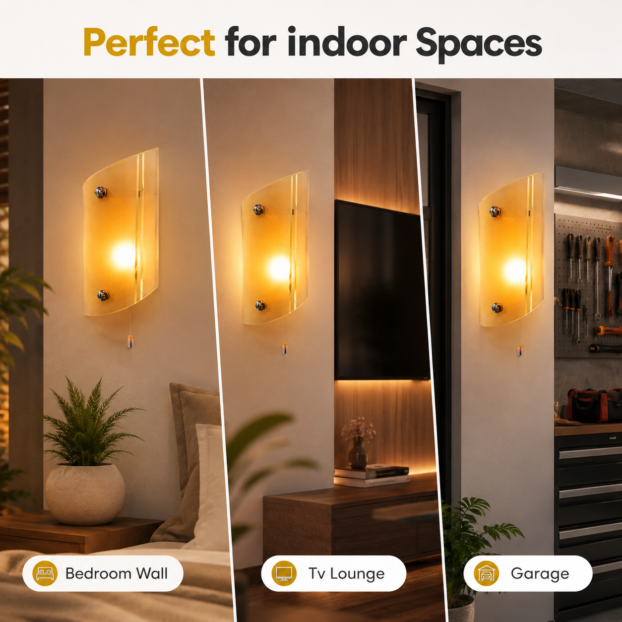 Wall-mounted light fixture shown in various indoor settings including a bedroom, TV lounge, and garage.
