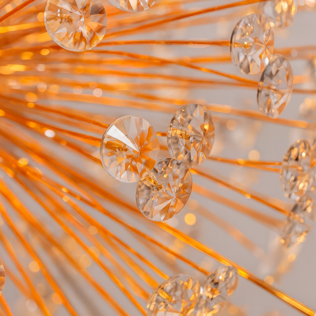 Elegant gold chandelier close-up highlighting reflective crystal elements
