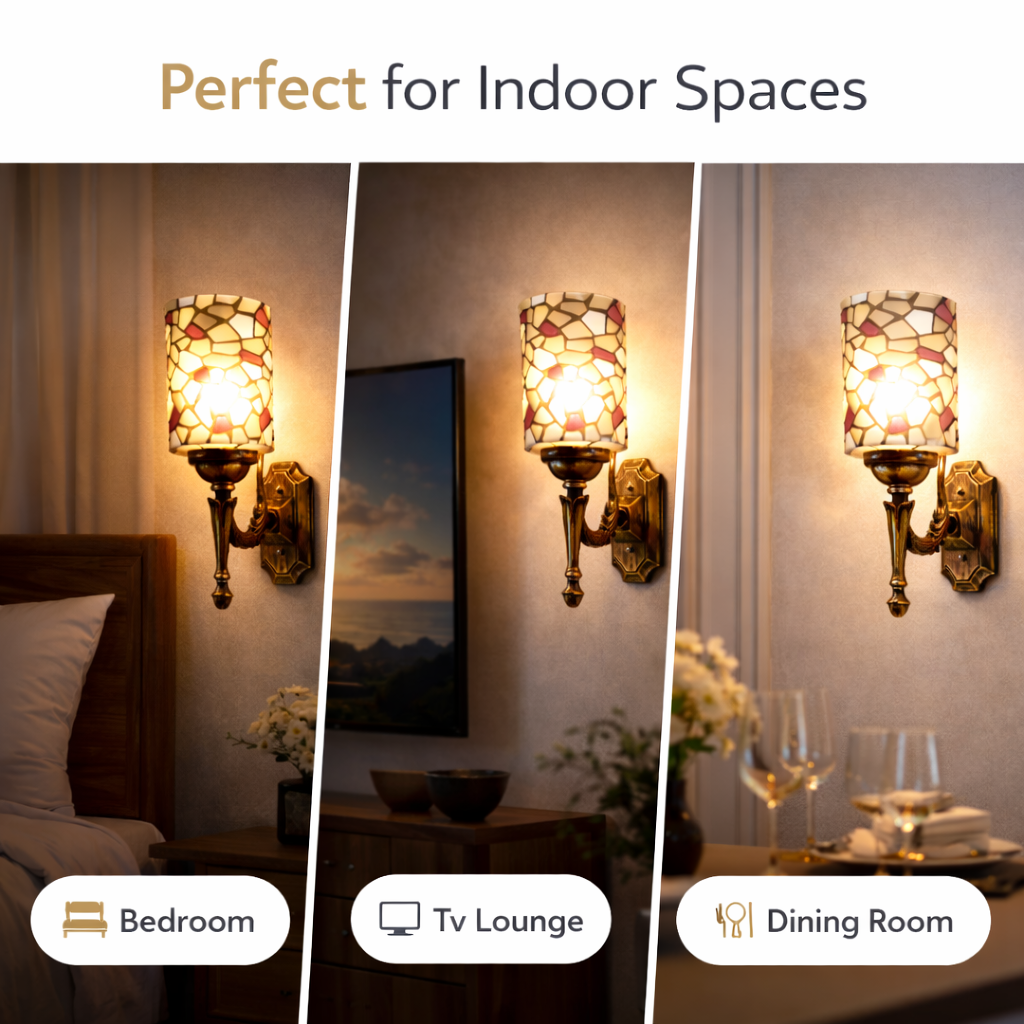 Decorative wall lamp installed in bedroom with soft ambient lighting