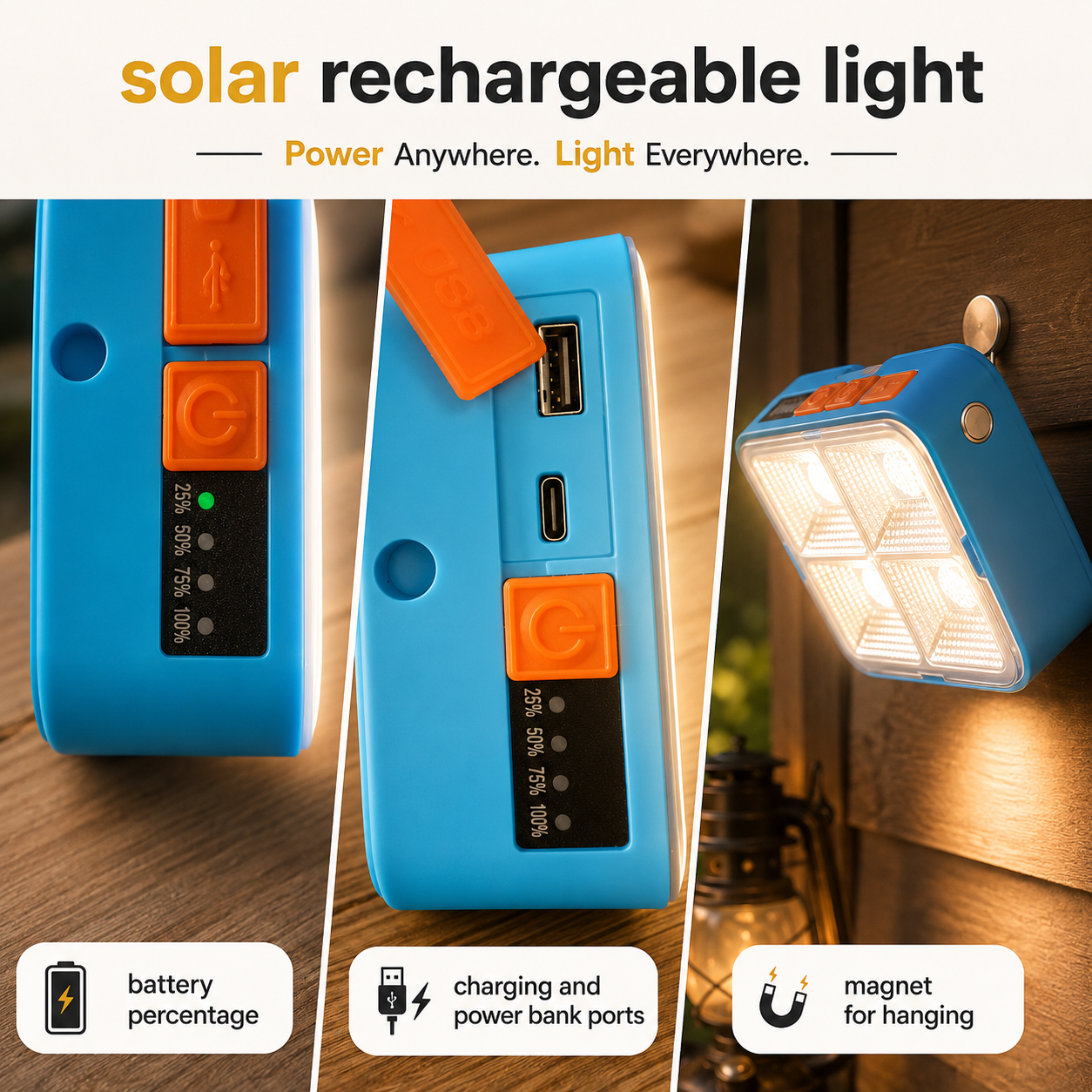 Solar Rechargeable LED Camping Light with Power Bank & Magnetic Mount