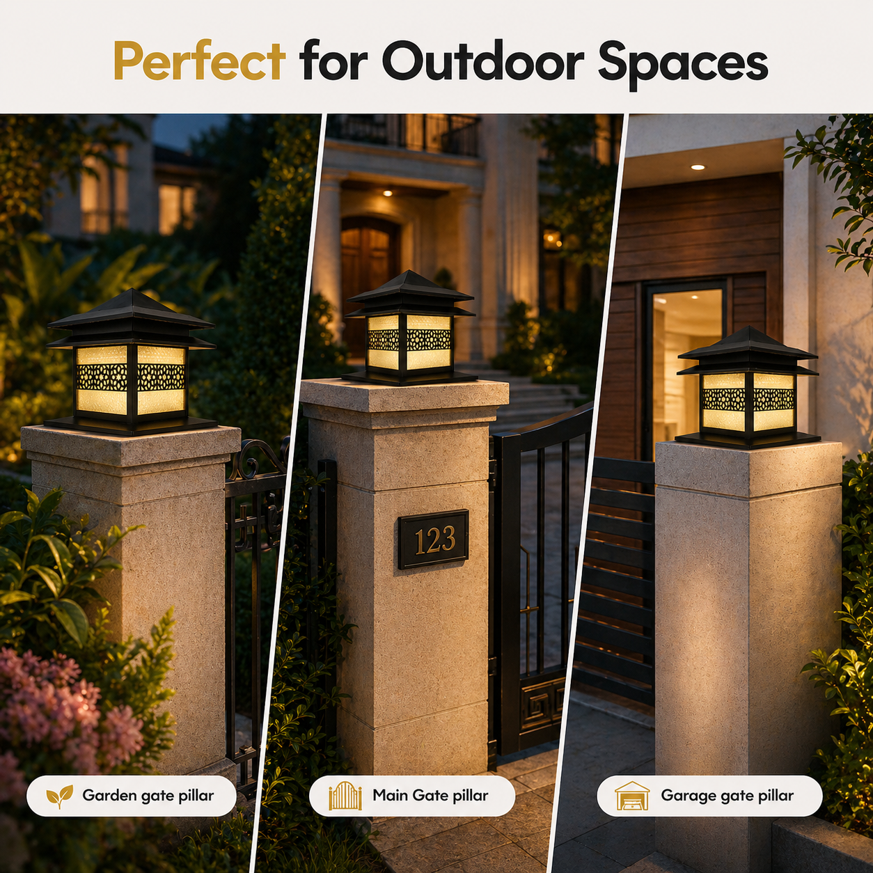 Three outdoor light pillars in different settings with text 'Perfect for Outdoor Spaces'.