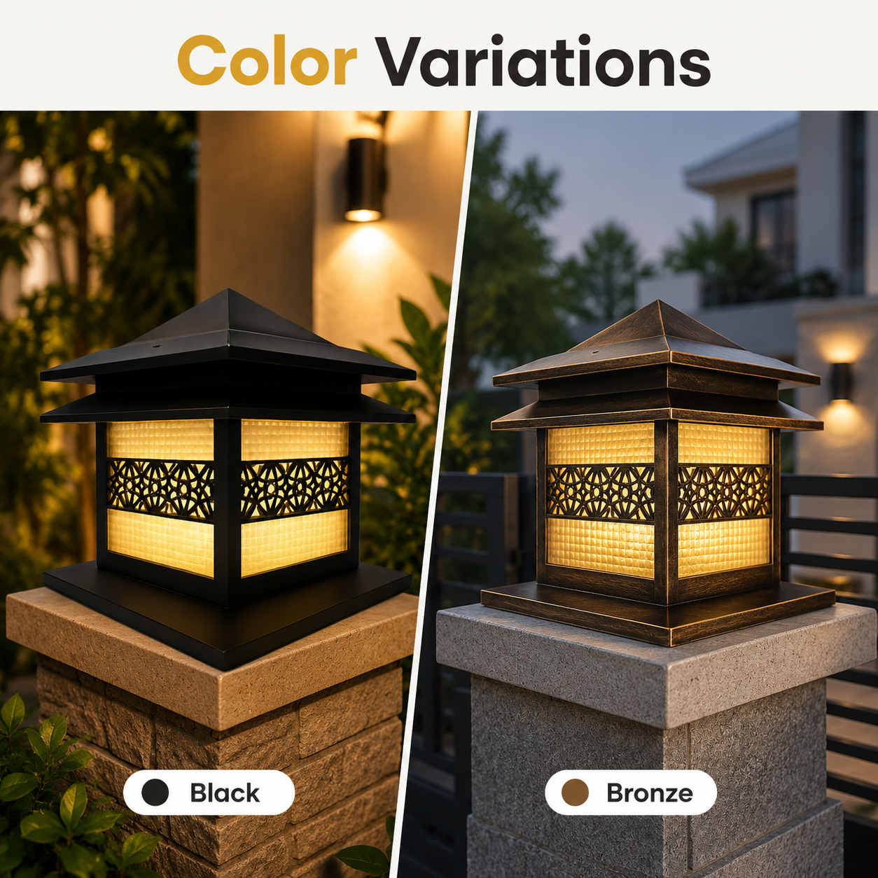 Two outdoor post lights, one black and one bronze, on stone pillars with 'Color Variations' text above.