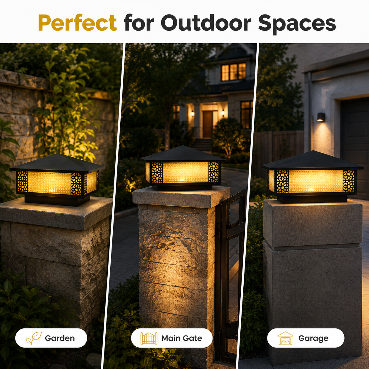 Outdoor lighting fixtures on pillars with text 'Perfect for Outdoor Spaces' and examples for garden, main gate, and garage.