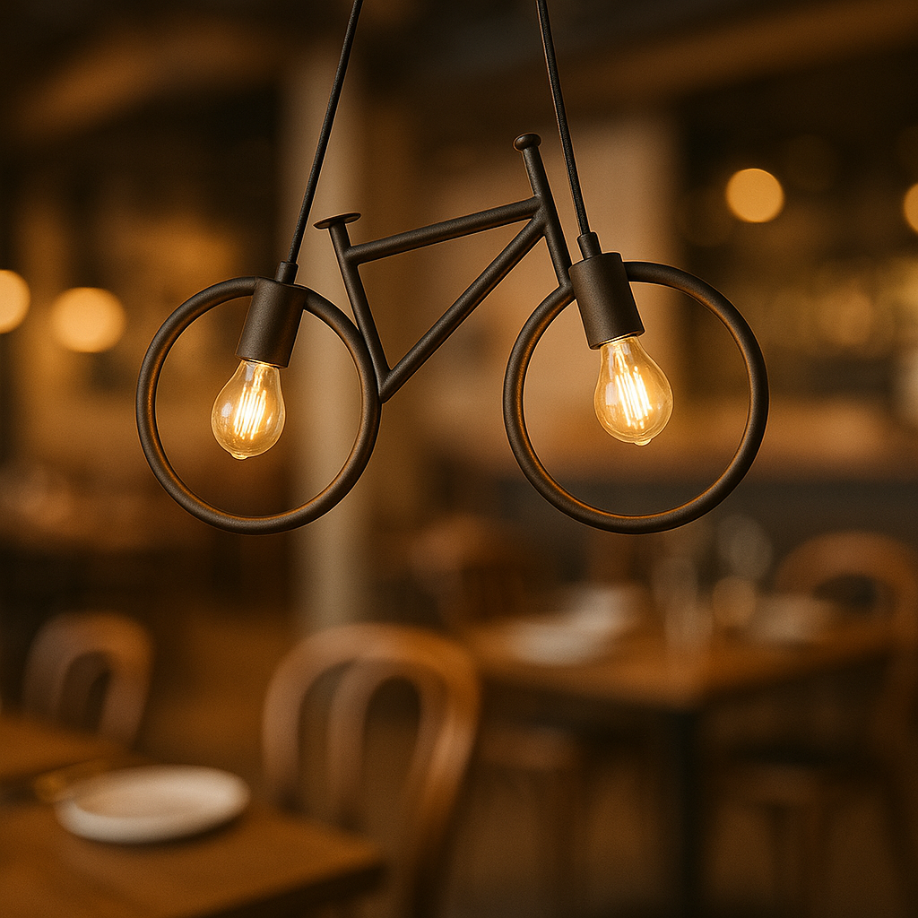 Bicycle-shaped pendant light with glowing bulbs in a blurred restaurant setting