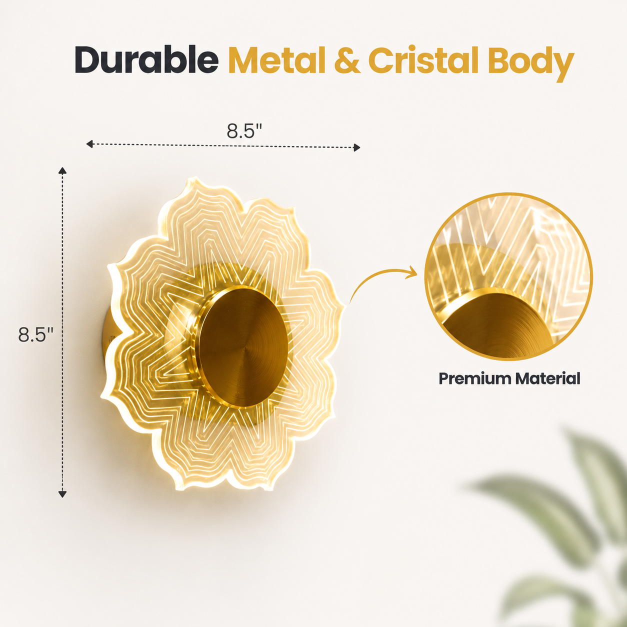 Gold decorative wall piece with measurements and material details on a white background