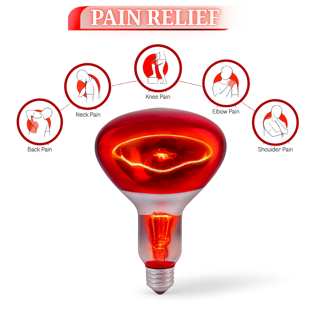 Red heating bulb with pain relief icons on a white background