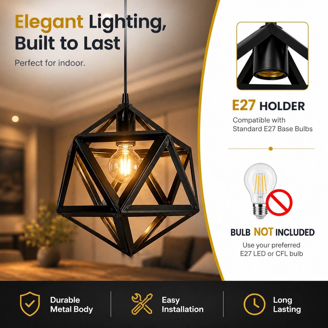 Black geometric pendant light with bulb, shown indoors, featuring text about E27 holder compatibility and bulb not included.