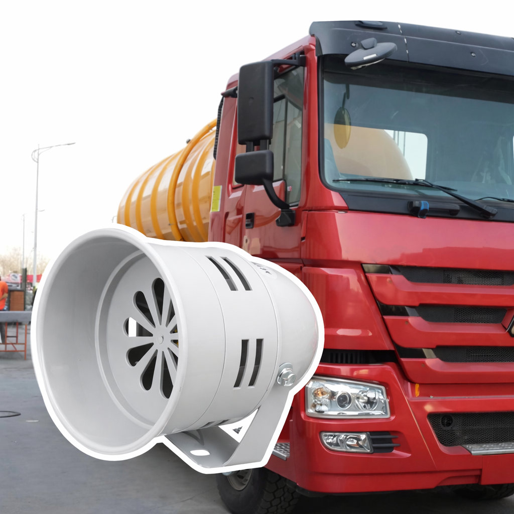 Red truck with a large white air horn in front