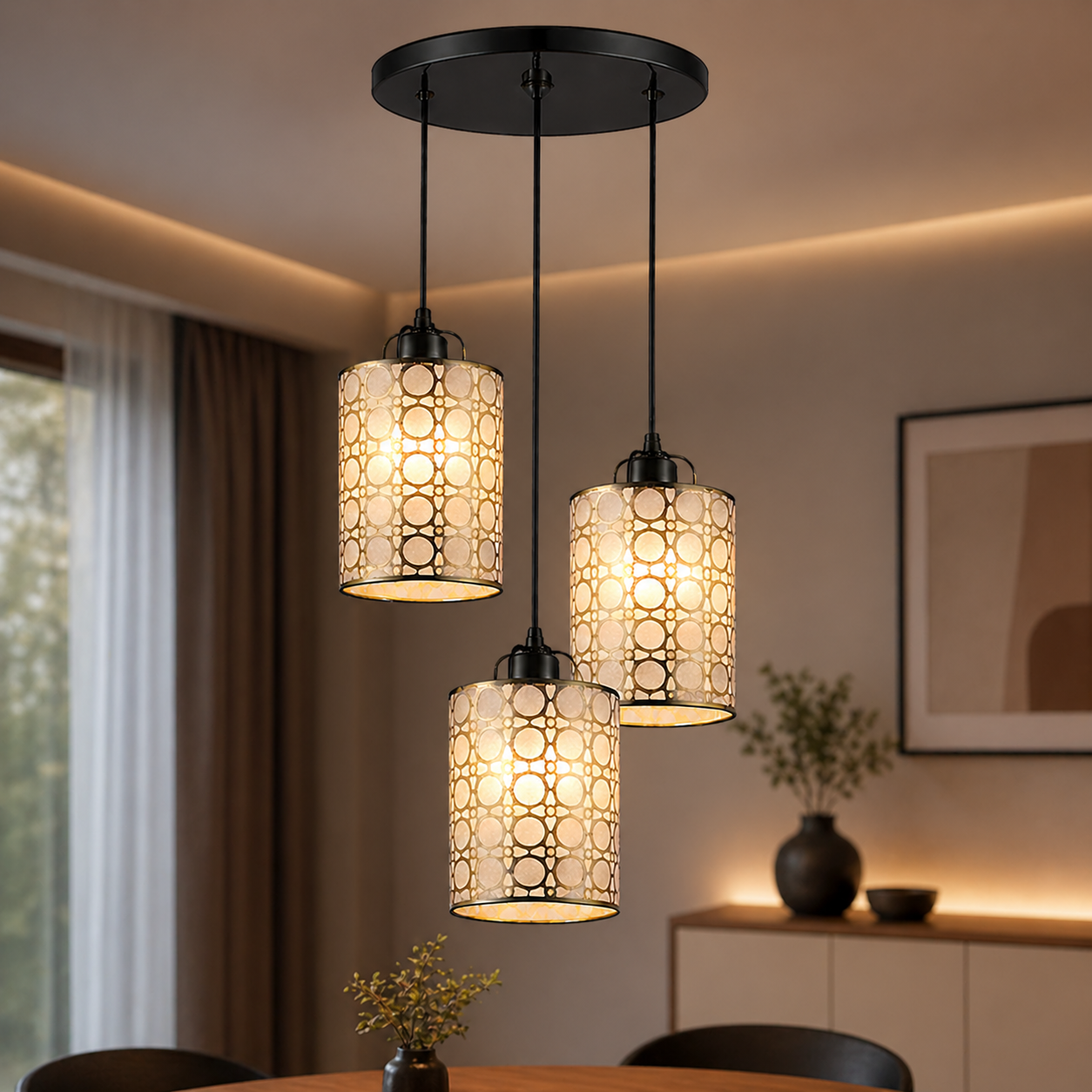 Three pendant lights hanging above a table in a room with a window and decorative items.
