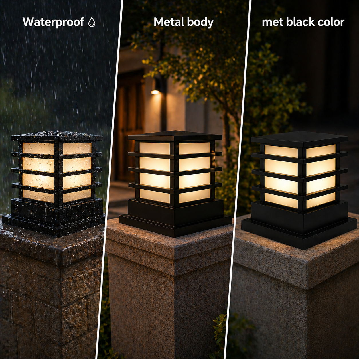 Outdoor light fixture on a stone post with rain simulation and text highlighting features.