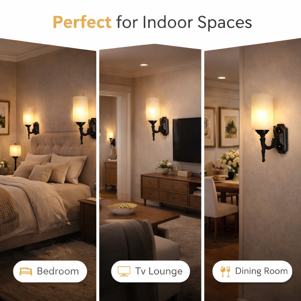 Indoor wall sconce mounted beside bed in cozy bedroom