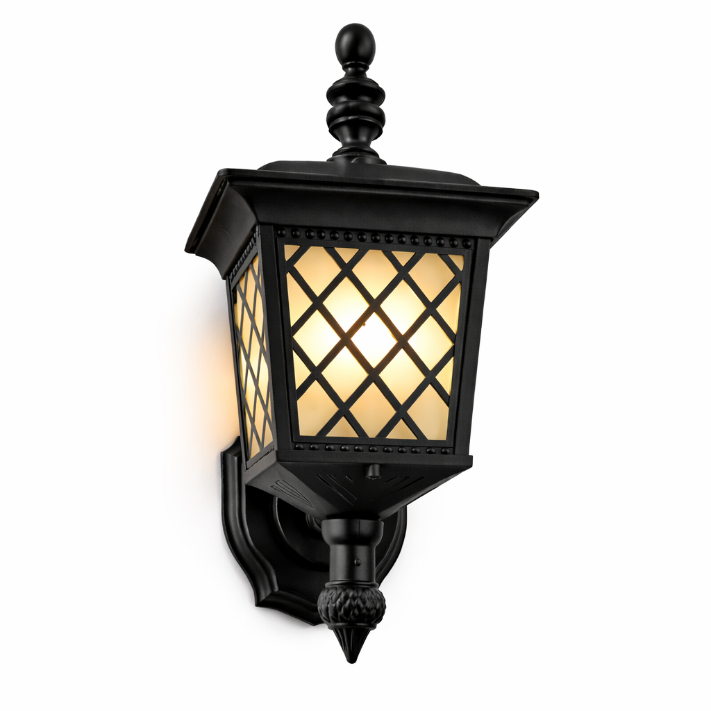Traditional exterior wall light with frosted glass panels