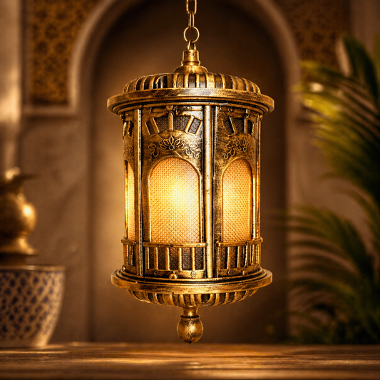 Decorative hanging lantern with intricate design and warm glow, set against a blurred background.