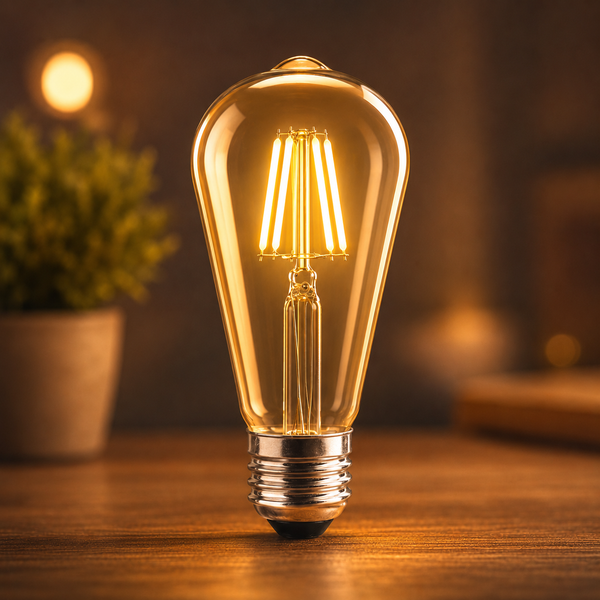Vintage-style light bulb on a wooden surface with a blurred background