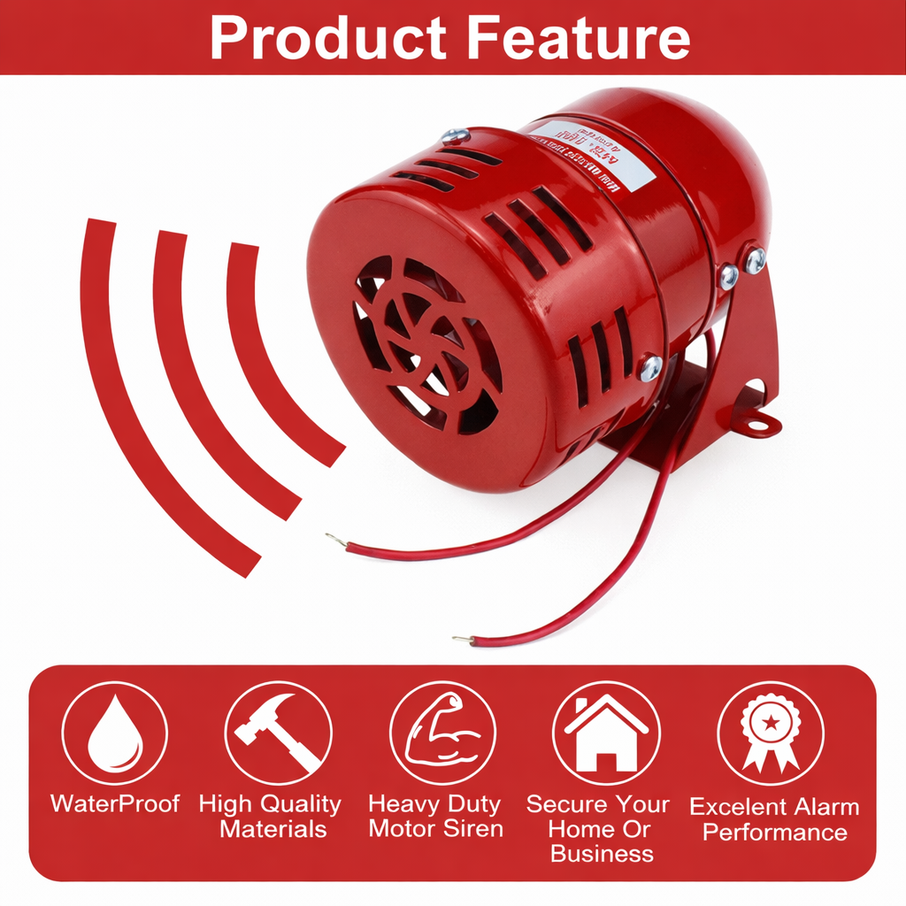 Red siren with features listed on a red background