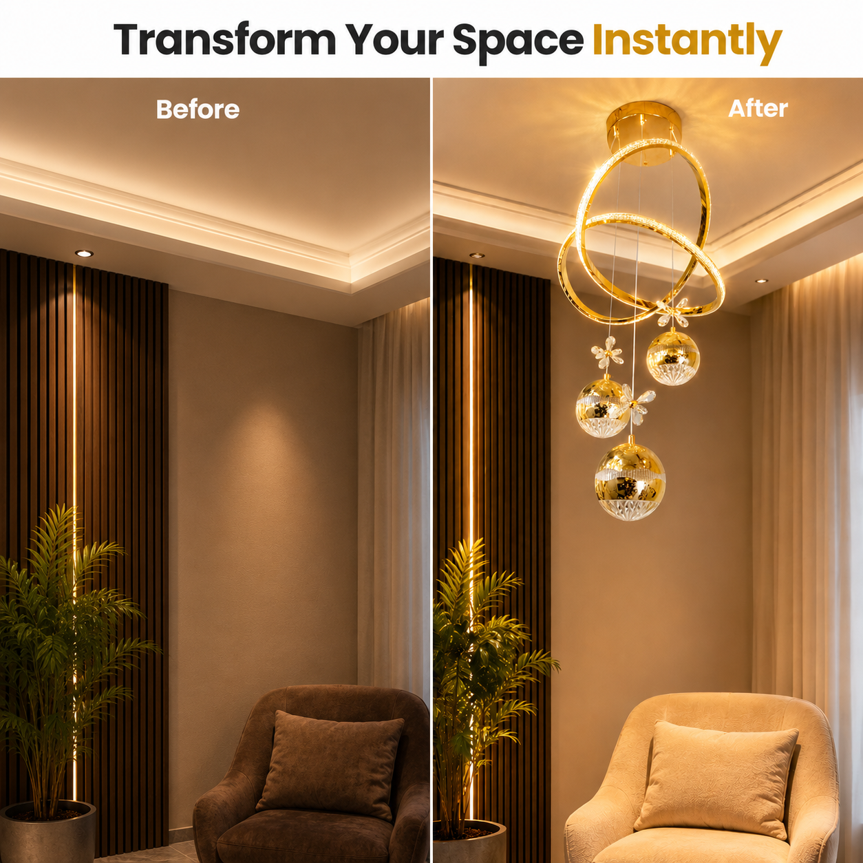 Before and after comparison of a room with a new ceiling light fixture.