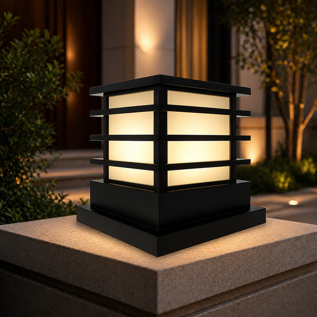 Decorative outdoor light fixture on a stone ledge with plants and building in the background.