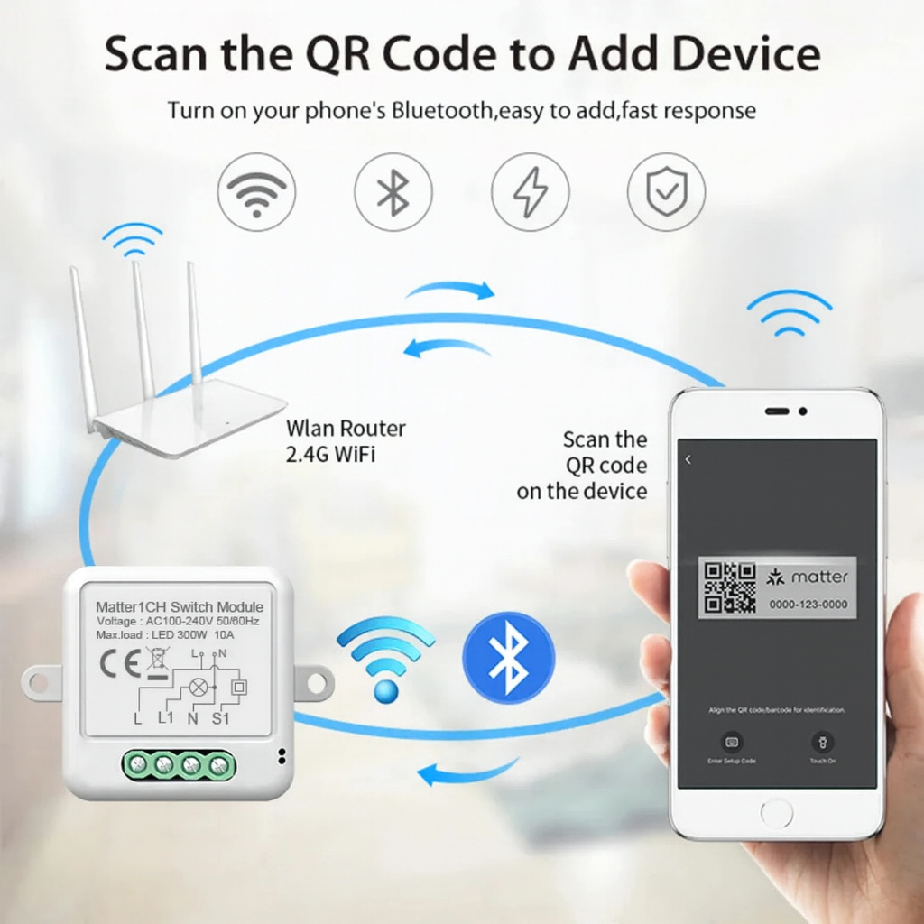 Smart switch setup showing QR code connection via Bluetooth and WiFi