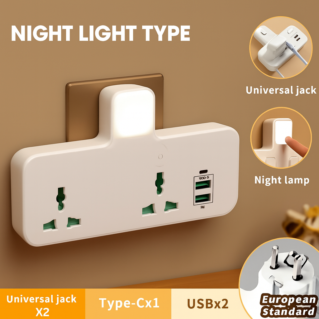 Smart power adapter with 3 universal sockets and soft LED lamp
