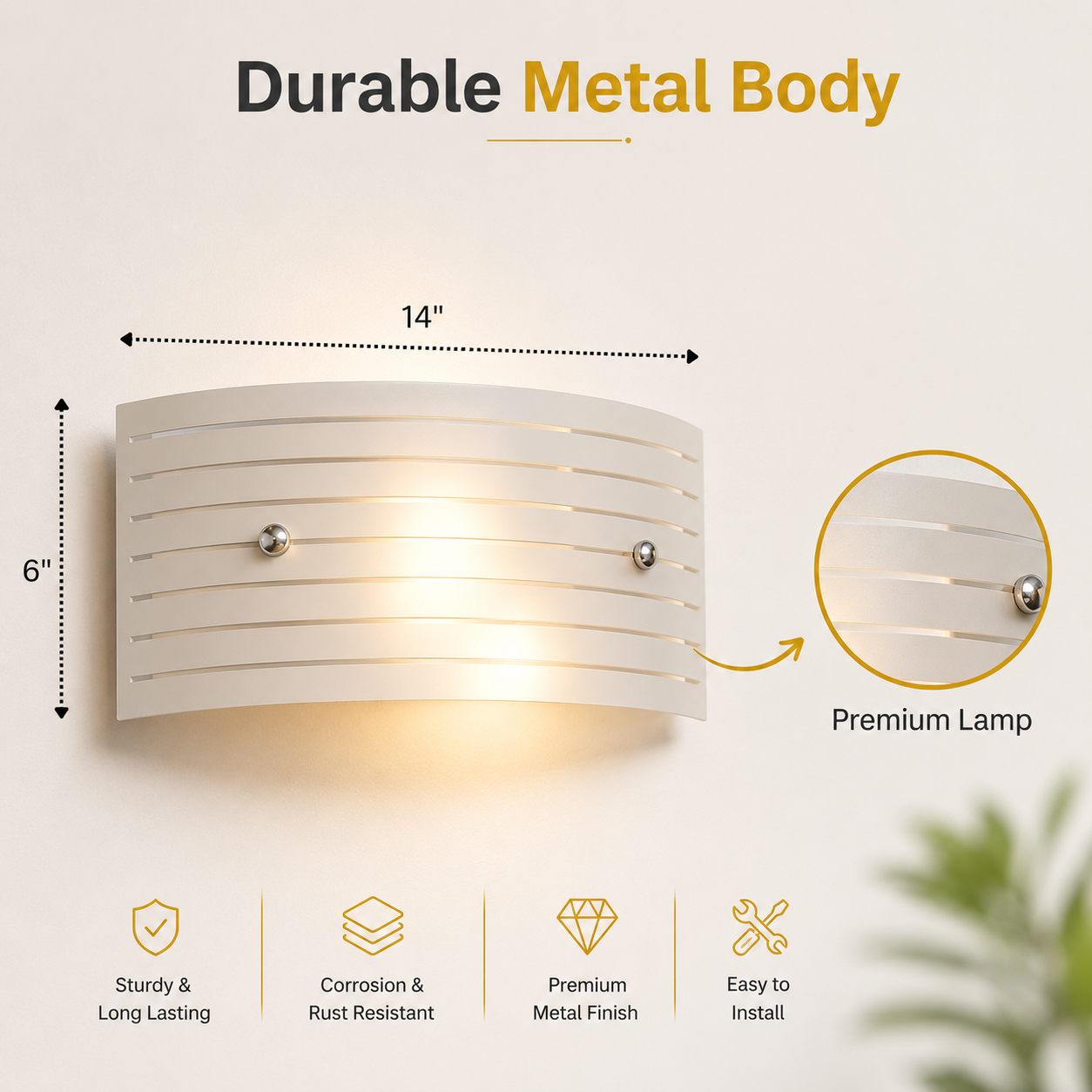 Wall-mounted light fixture with dimensions and features highlighted on a white background