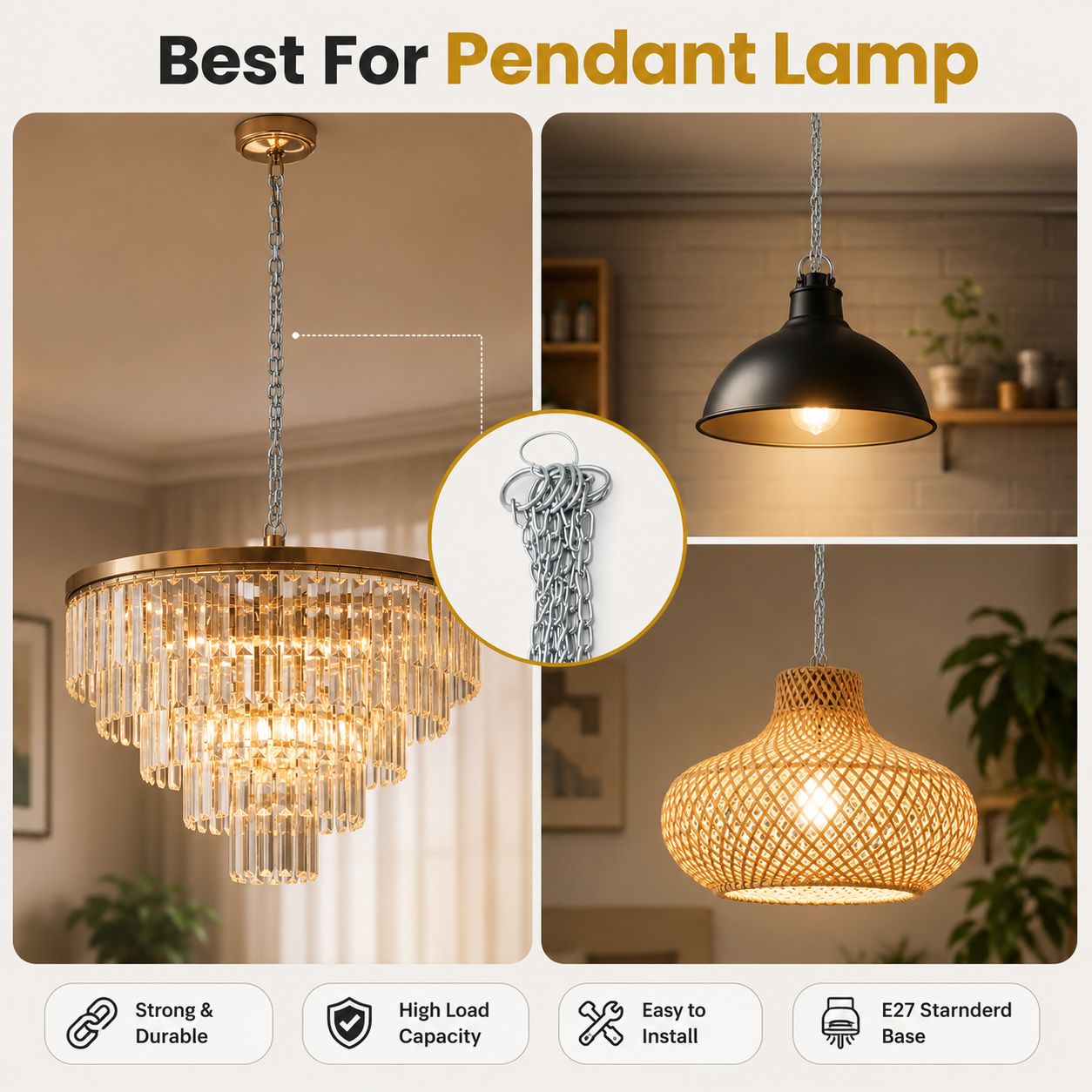 Pendant Light Hanging Steel Chain | Heavy-Duty Metal Suspension Kit