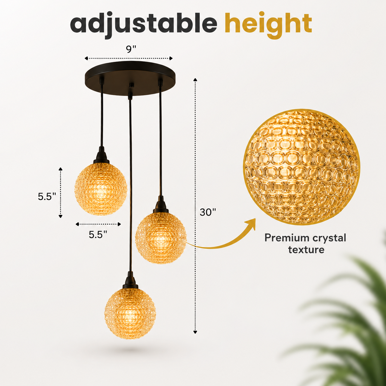 Pendant light fixture with adjustable height feature and premium crystal texture on a white background.