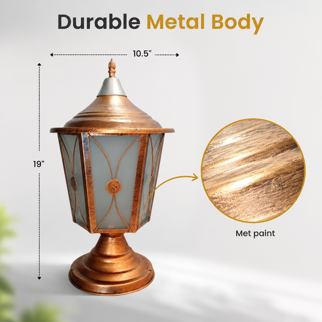 Decorative outdoor lamp with dimensions and material details on a light gray background