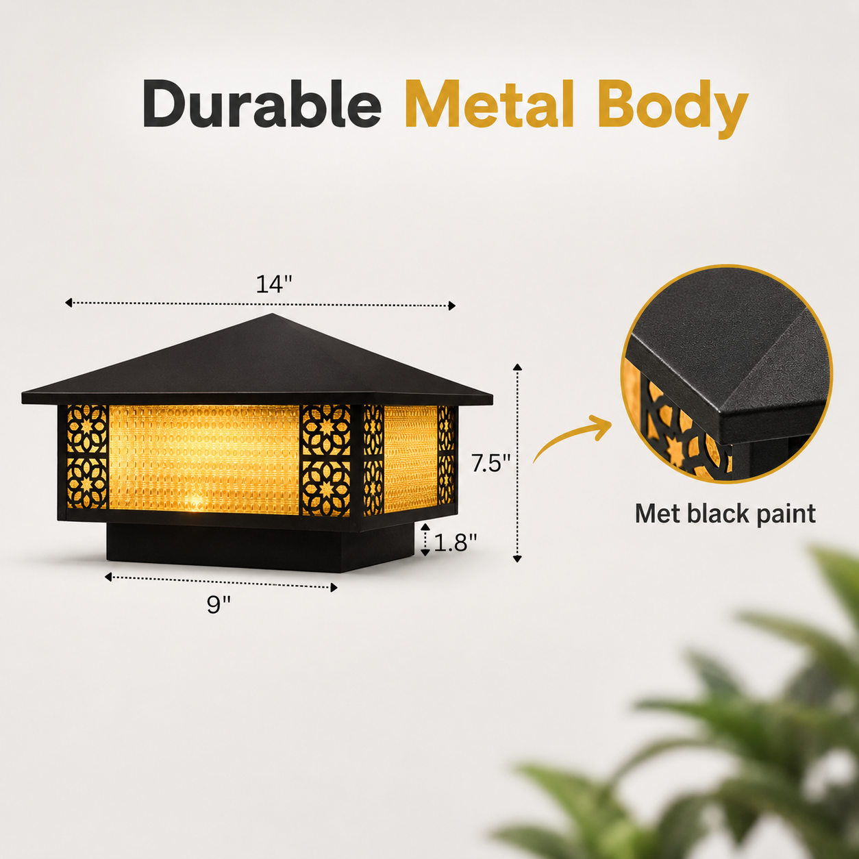 Black outdoor lamp with measurements and details on a light gray background