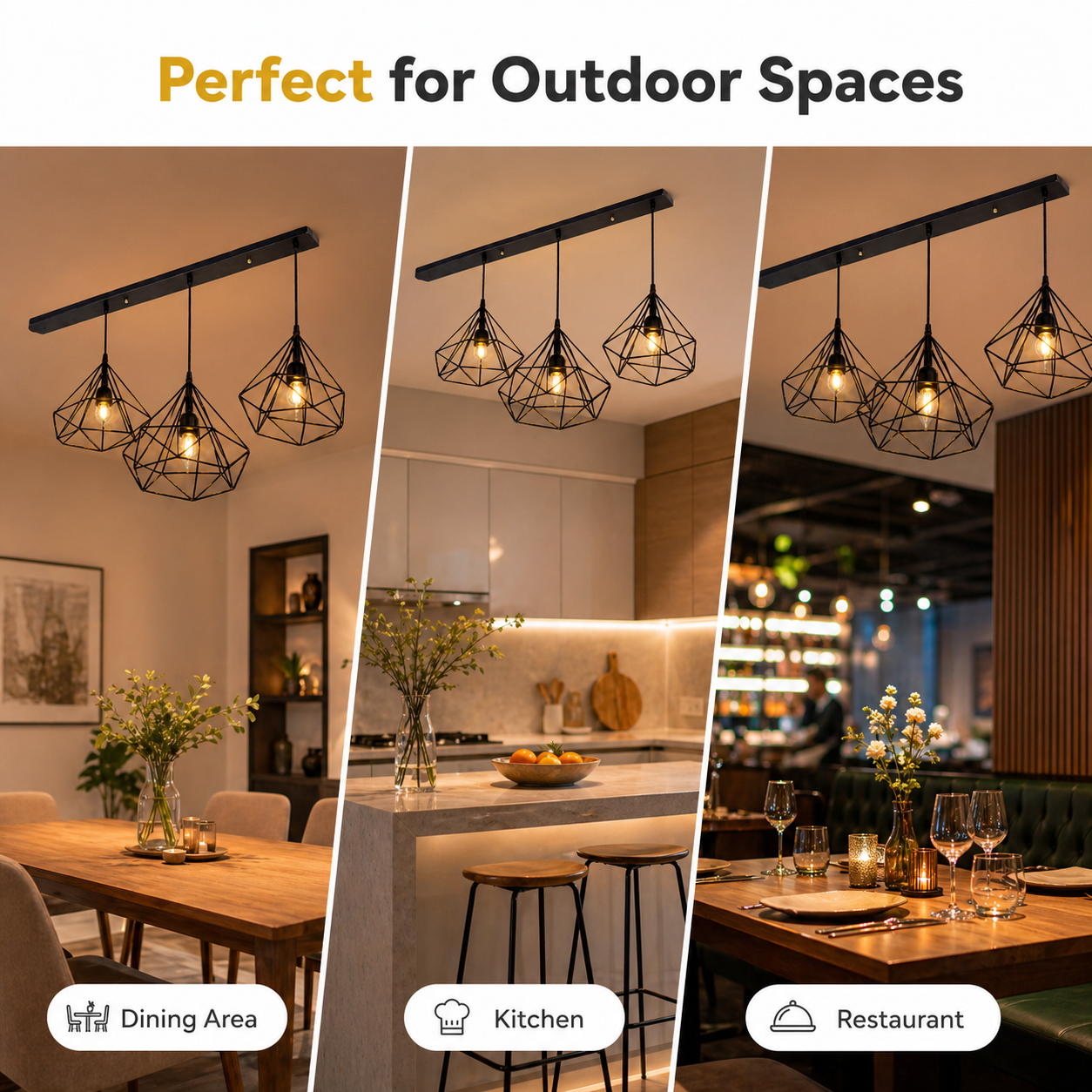 Modern pendant lights in various settings including a dining area, kitchen, and restaurant.