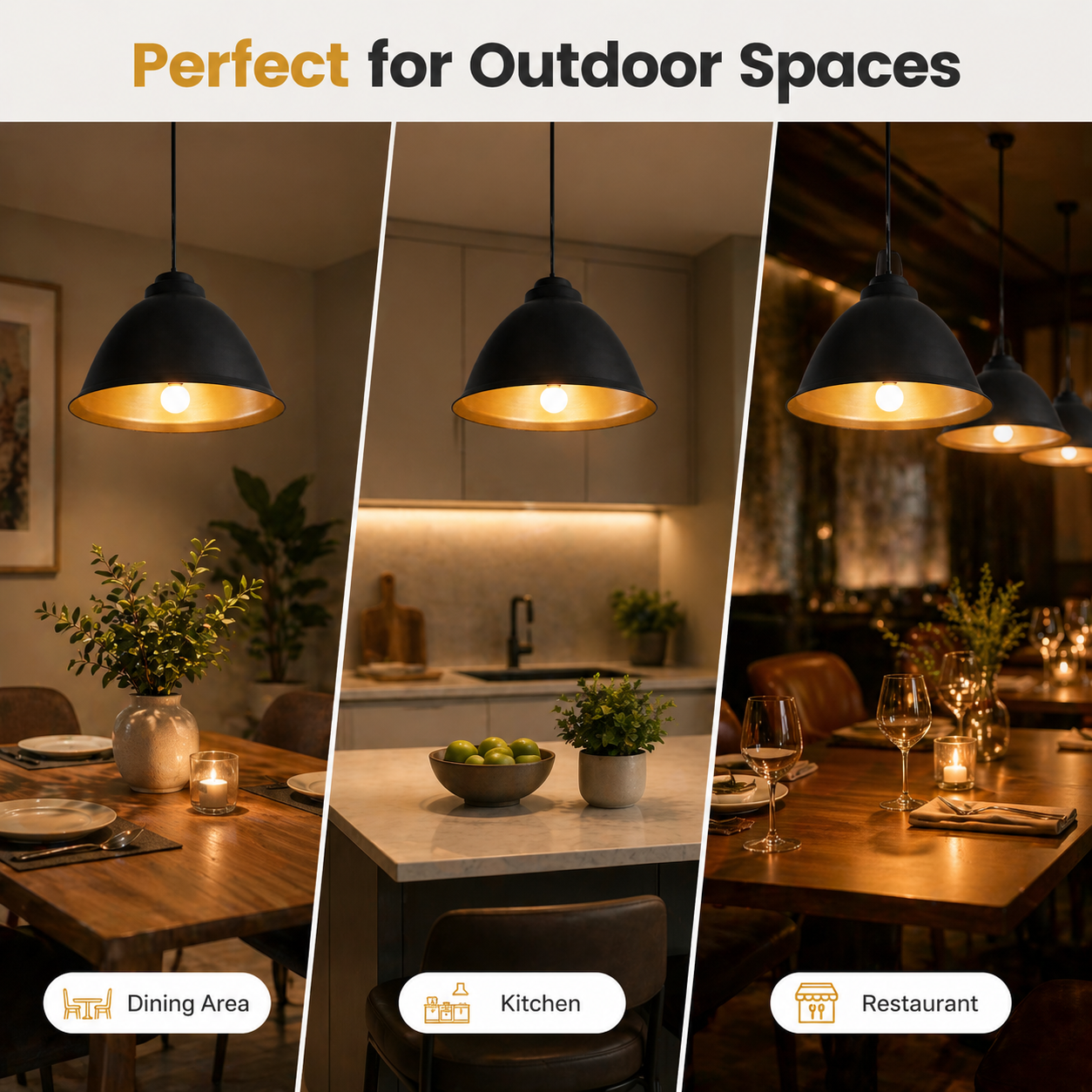 Black pendant light fixture in various settings: dining area, kitchen, and restaurant.
